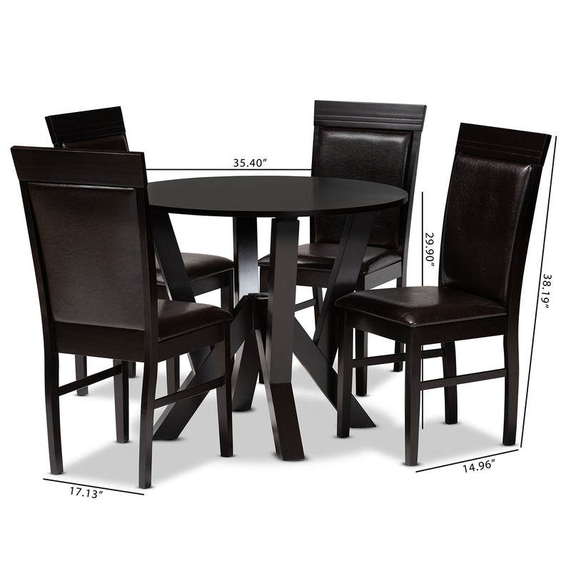 Nada Modern Dining Set 5-Piece Dark Brown Faux Leather Upholstered and Finished Wood Furniture for Stylish Dining Rooms