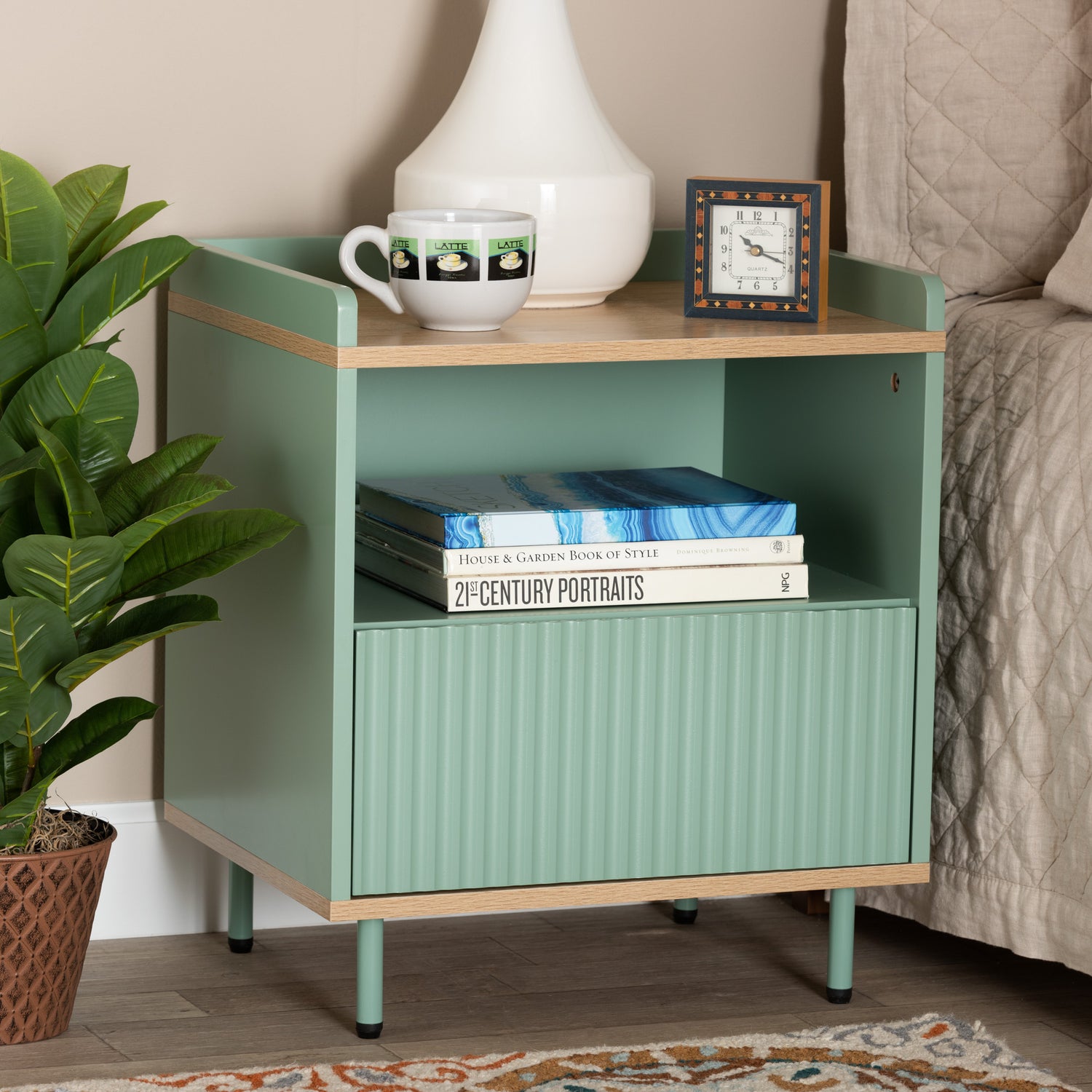 Tavita Mid-Century Modern End Table Two-Tone Mint Green and Oak Brown Wood with 1 Drawer for Stylish Living Room Storage