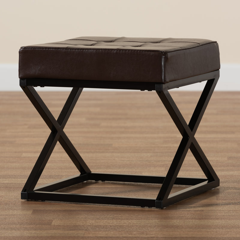 Magnus Ottoman Stool Modern Dark Brown Faux Leather Upholstered with Black Metal Base Stylish Accent Furniture for Living Room or Bedroom