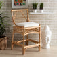 Rose Counter Stool Modern Bohemian Design with White Fabric Upholstery and Natural Brown Rattan Accents for Stylish Kitchen or Bar Use