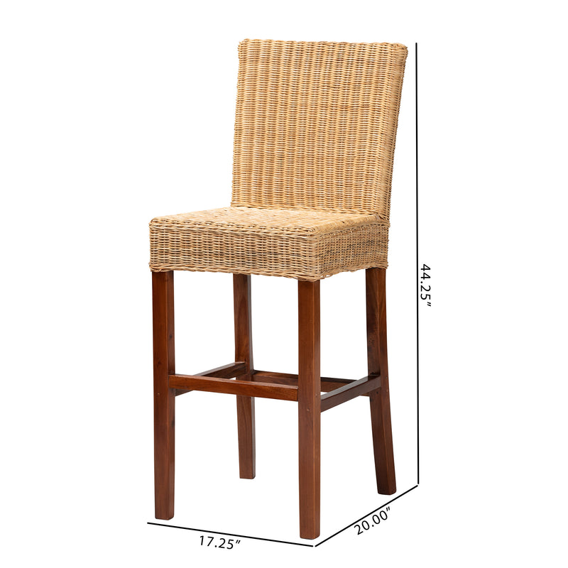 Racquel Bar Stool Modern Bohemian Design Natural Rattan and Mahogany Wood for Stylish Seating