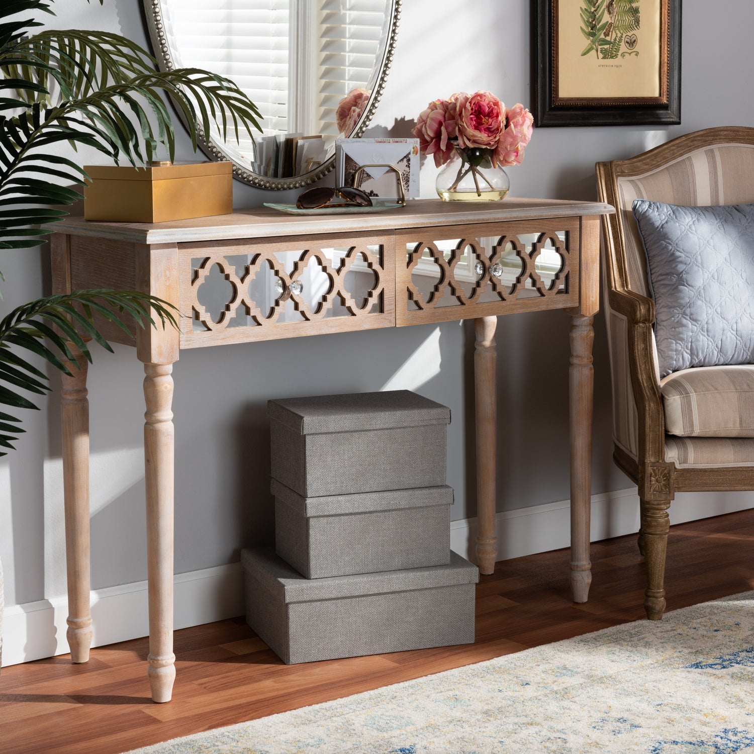 Celia Console Table - Rustic French Country Design with White-Washed Wood and Mirror, 2 Drawers and Quatrefoil Accents