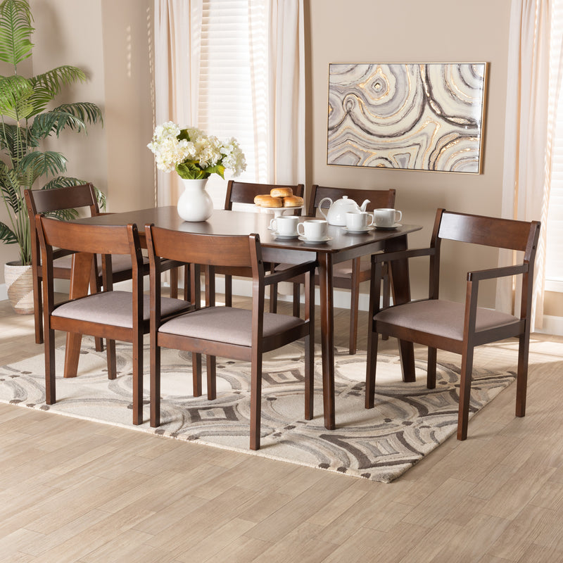 Helene Dining Set Mid-Century Modern 7-Piece Warm Grey Fabric and Dark Brown Finished Wood