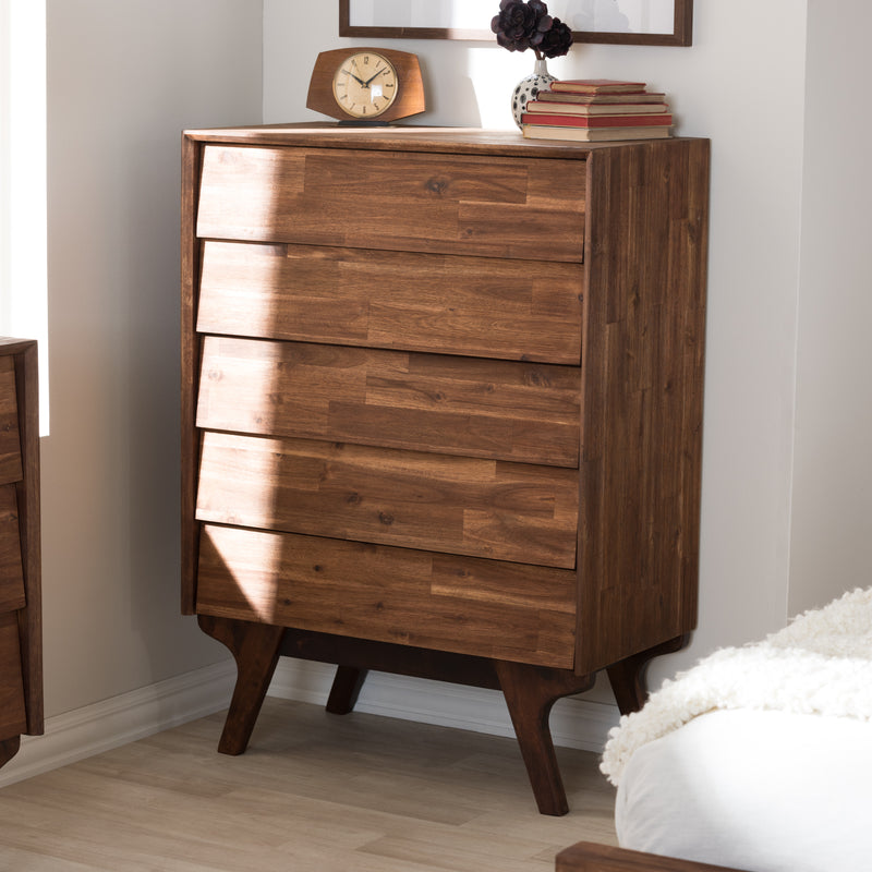 Sierra Mid-Century Modern Chest - 5-Drawer Brown Wood Storage Unit for Bedroom or Living Room