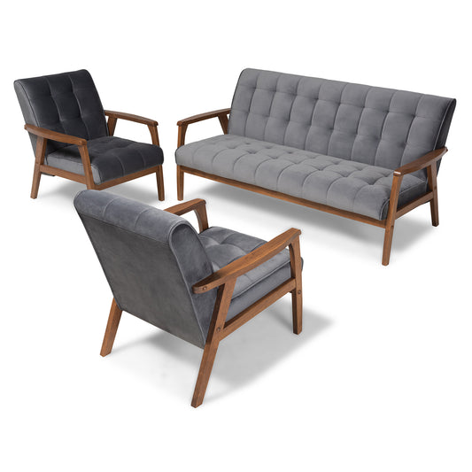 Asta Living Room Set Mid-Century Modern Grey Velvet Fabric Upholstered Walnut Finished Wood 3-Piece