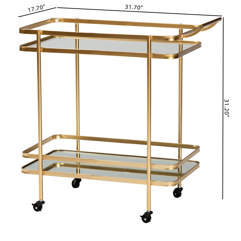 Destin Mobile Wine Bar Cart - Modern Glam Design with Brushed Gold Metal and Mirrored Glass, 2-Tier Storage