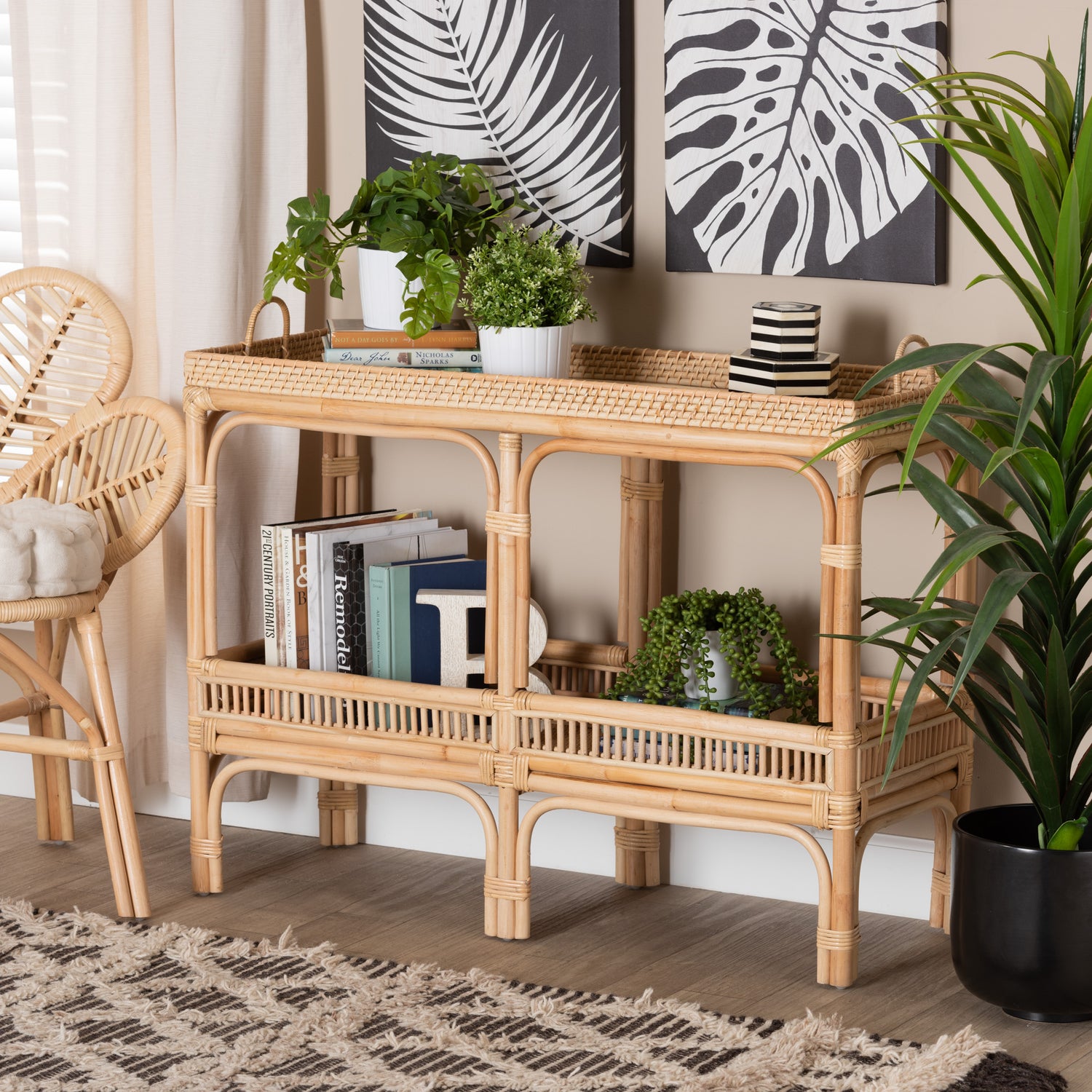 Lombok Console Table Modern Bohemian Natural Brown Rattan Design for Stylish Home Decor