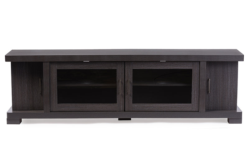 Viveka 70-Inch TV Cabinet in Greyish Dark Brown Wood with 2 Glass Doors and 2 Solid Doors for Stylish Living Room Storage Solutions