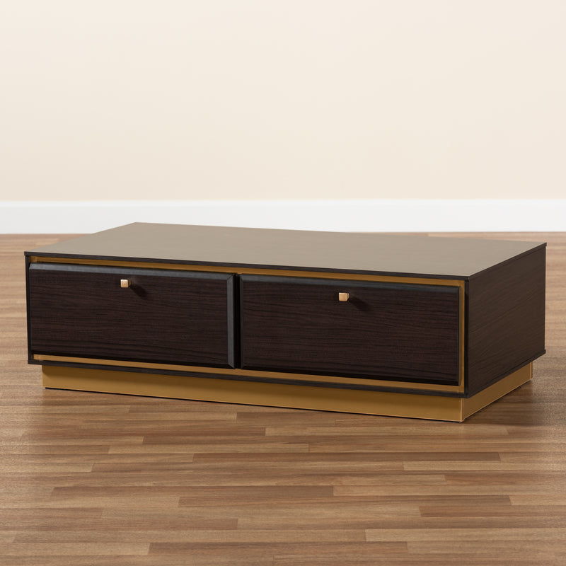 Cormac Coffee Table Mid-Century Modern Transitional Dark Brown Finished Wood and Gold Metal 2-Drawer