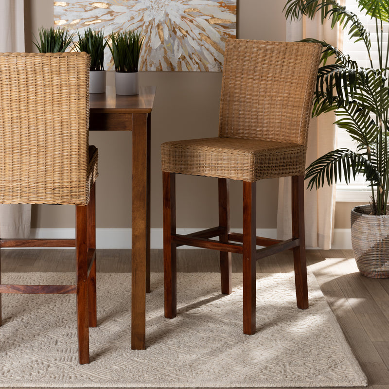 Racquel Bar Stool Modern Bohemian Design Natural Rattan and Mahogany Wood for Stylish Seating