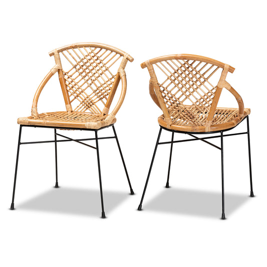 Pro Modern Bohemian Dining Chair Set 2-Piece Natural Brown Rattan and Black Metal Design for Chic Dining Spaces