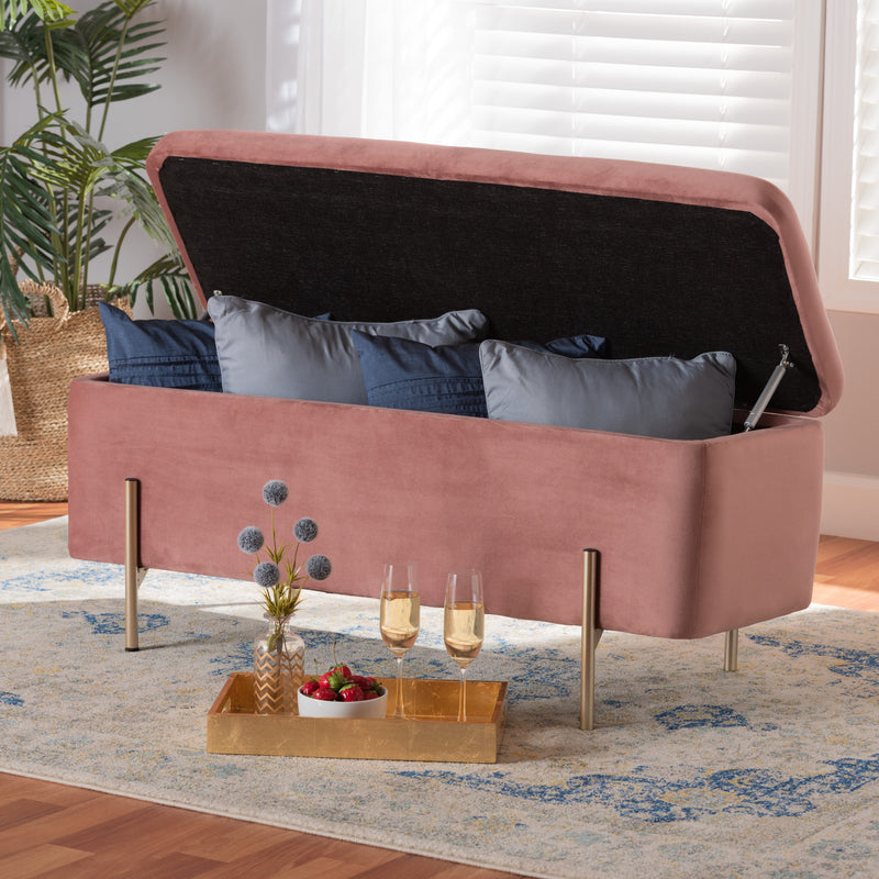 Rockwell Storage Bench Contemporary Glam Luxe Blush Pink Velvet Fabric Upholstered Gold Finished Metal