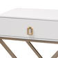 Patricia Modern End Table White Finished Wood with Brass Effect Metal 1-Drawer Design for Stylish Living Room or Bedroom Decor