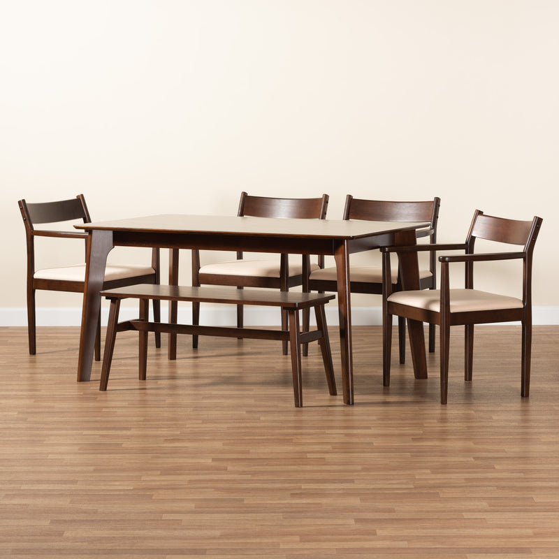 Coretta Dining Set - Mid-Century Modern 6-Piece Cream Fabric and Dark Brown Wood Furniture for Elegant Dining Rooms