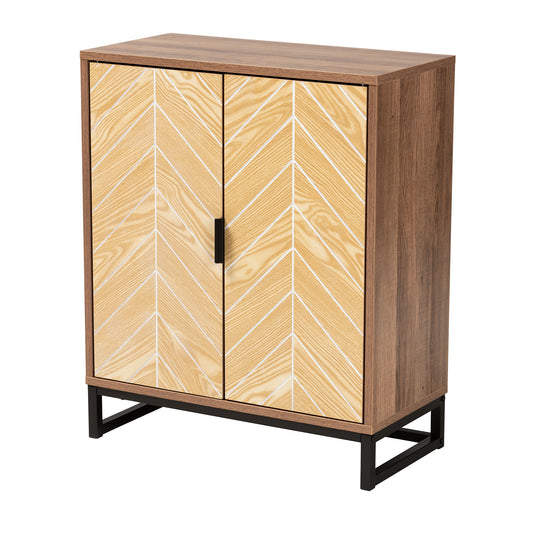 Josephine Storage Cabinet - Mid-Century Modern Design with Two-Tone Walnut and Natural Brown Wood, Black Metal Accents, and 2 Doors for Organization