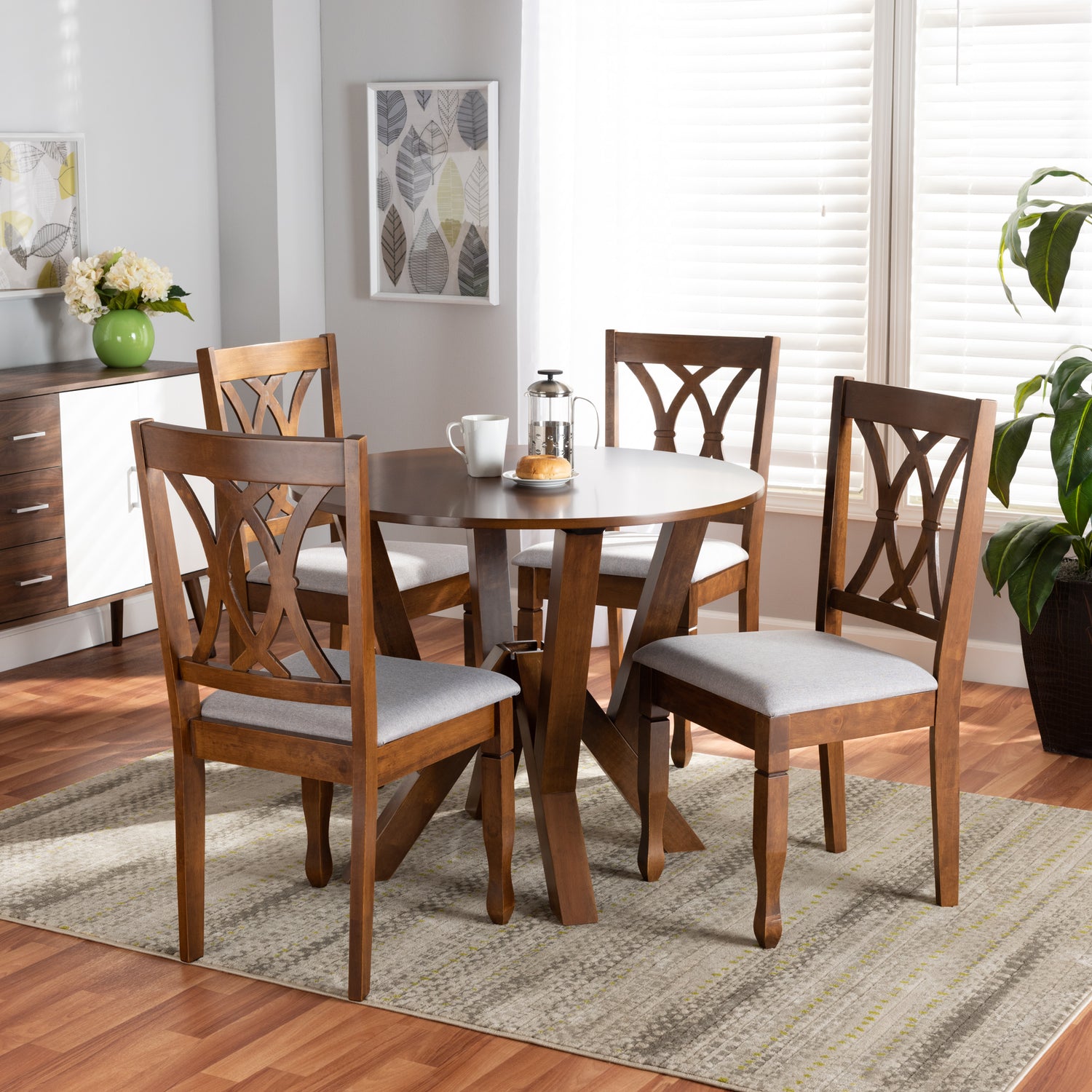 Irene 5-Piece Dining Set - Modern Grey Fabric Chairs with Walnut Brown Finished Wood Table