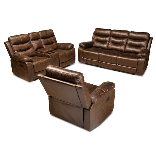 Beasely Modern 3-Piece Living Room Set in Distressed Brown Faux Leather Upholstery