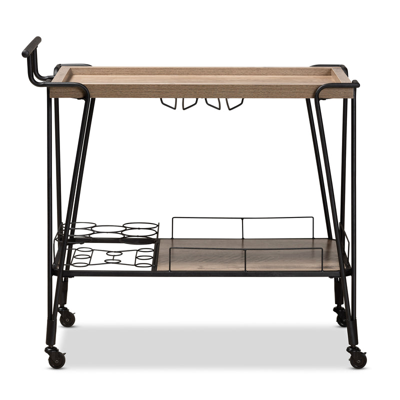 Perilla Wine Serving Cart - Modern Rustic Industrial Design with Oak Brown Wood and Black Metal, 2-Tier Storage for Home Bar