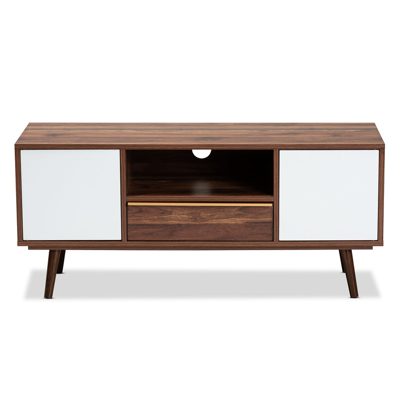 Grover Mid-Century Modern TV Stand - Two-Tone Cherry Brown and White Wood with 2 Doors for Stylish Living Room Storage