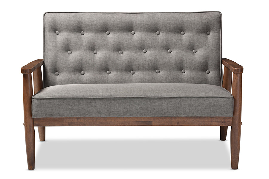 Sorrento Mid-century Retro Modern Grey Fabric Upholstered Wooden 2-seater Loveseat