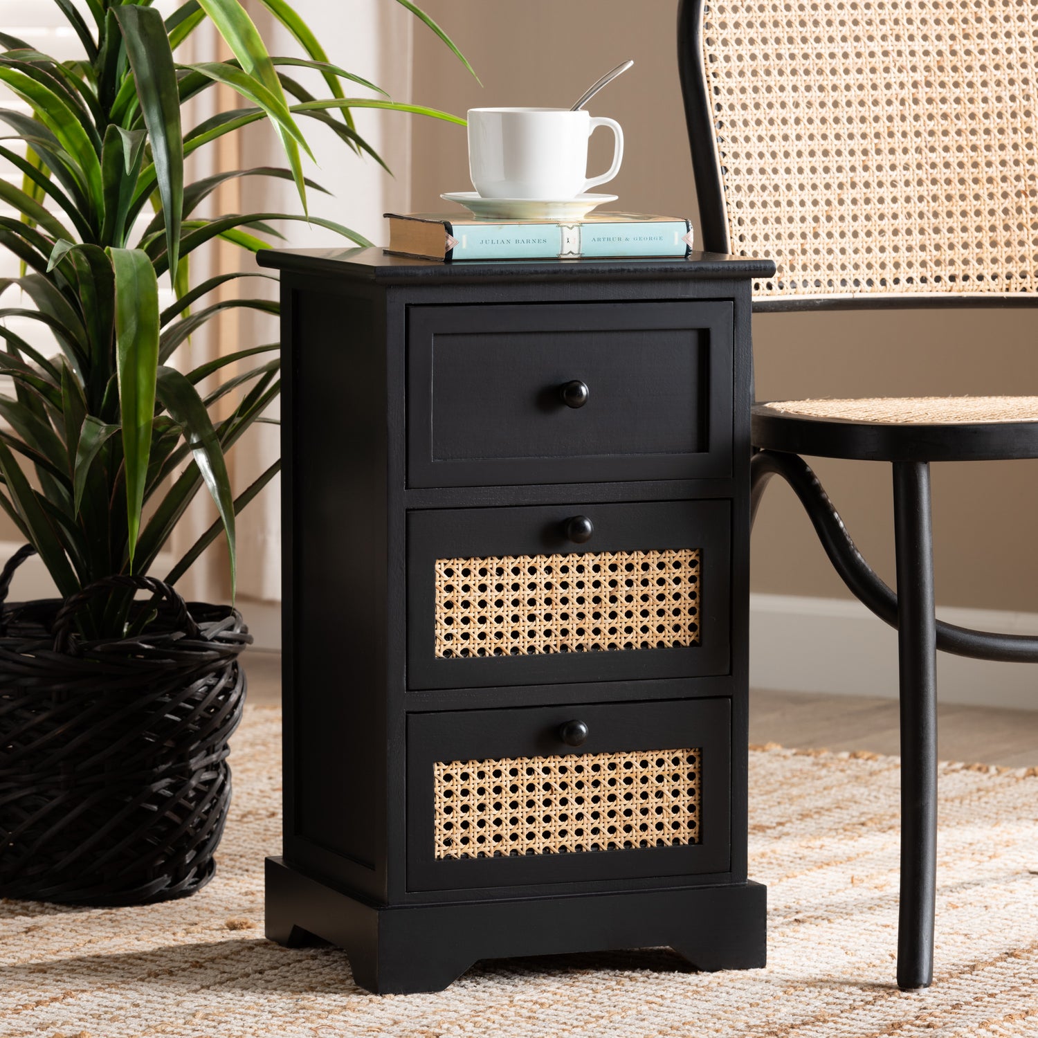 Dacey Storage Cabinet Mid-Century Modern Design in Espresso Brown Wood with Rattan Accents and 3 Drawers for Stylish Organization