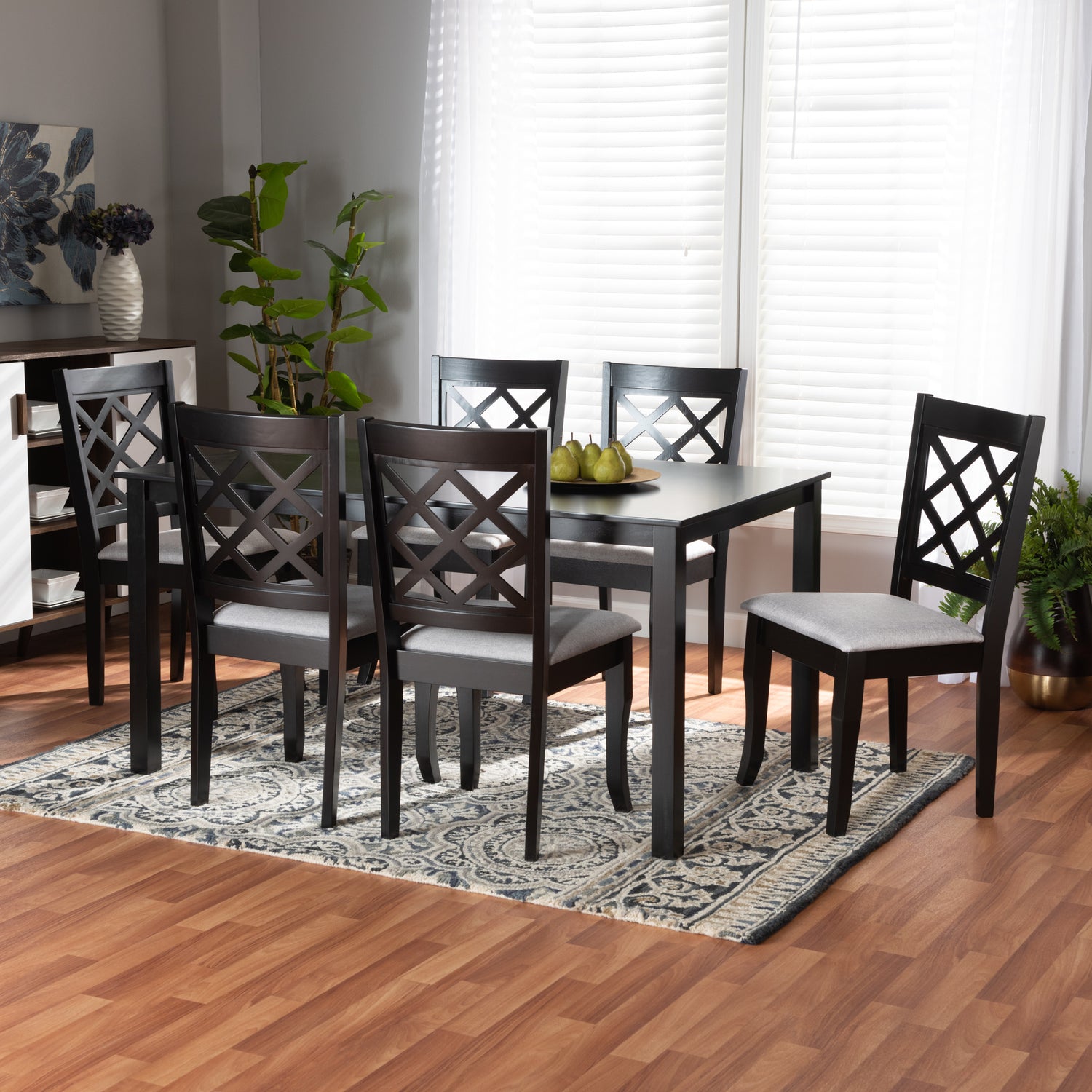 Verner Dining Set Modern Contemporary Grey Fabric Upholstered Dark Brown Finished Wood 7-Piece