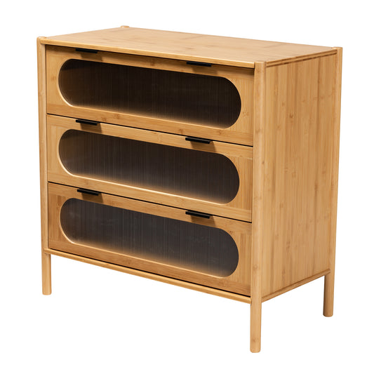 Naresh Storage Cabinet Mid-Century Modern Design in Natural Brown Bamboo Wood with 3 Drawers for Stylish Organization