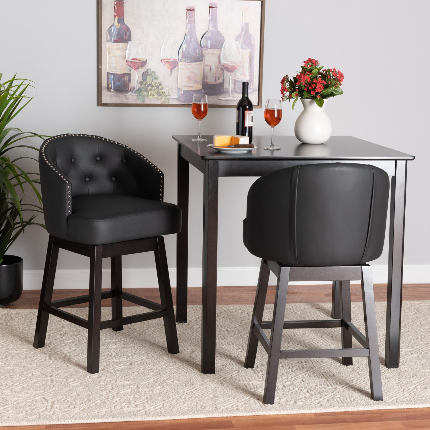 Theron Counter Stool Set Mid-Century Transitional Black Faux Leather and Espresso Brown Finished Wood 2-Piece