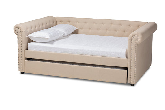 Mabelle Daybed - Modern and Contemporary Beige Fabric Upholstered with Trundle