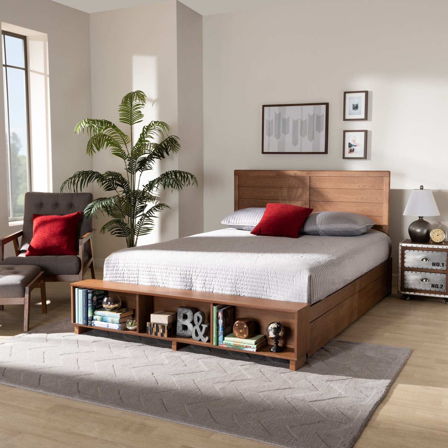 Alba Platform Storage Bed - Modern Transitional Ash Walnut Brown Finished Wood with 4 Drawers and Built-In Shelves