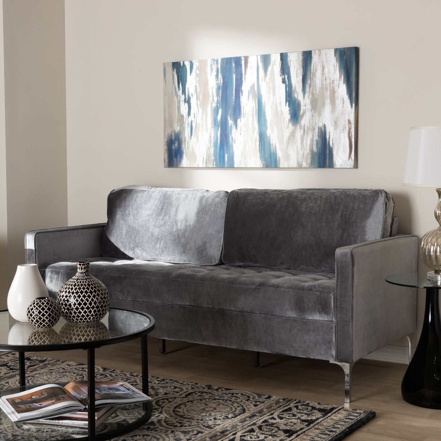 Clara 3-Seater Sofa in Modern Grey Velvet Fabric for Stylish Living Rooms and Comfortable Seating