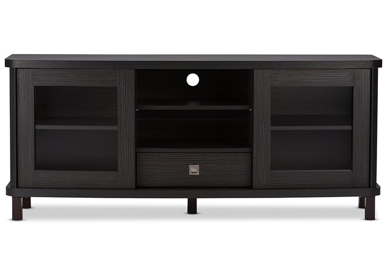 Walda 60-Inch TV Cabinet in Greyish Dark Brown Wood with 2 Sliding Doors and 1 Drawer for Stylish Living Room Storage Solutions