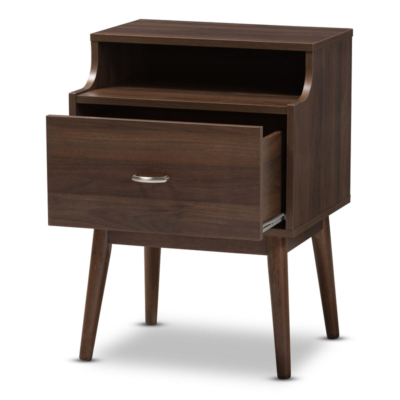 Disa Mid-Century Modern Nightstand Walnut Brown Finish with Storage Drawer and Stylish Design