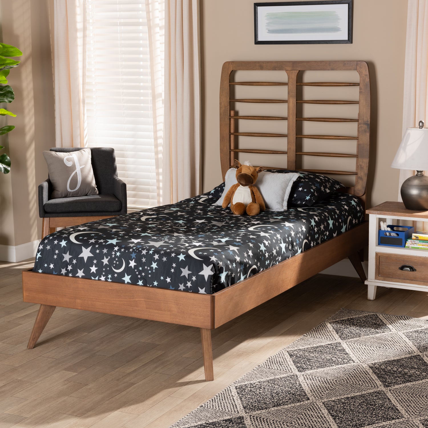 Yana Twin Size Platform Bed - Mid-Century Modern Walnut Brown Wood, Stylish and Durable Bedroom Furniture