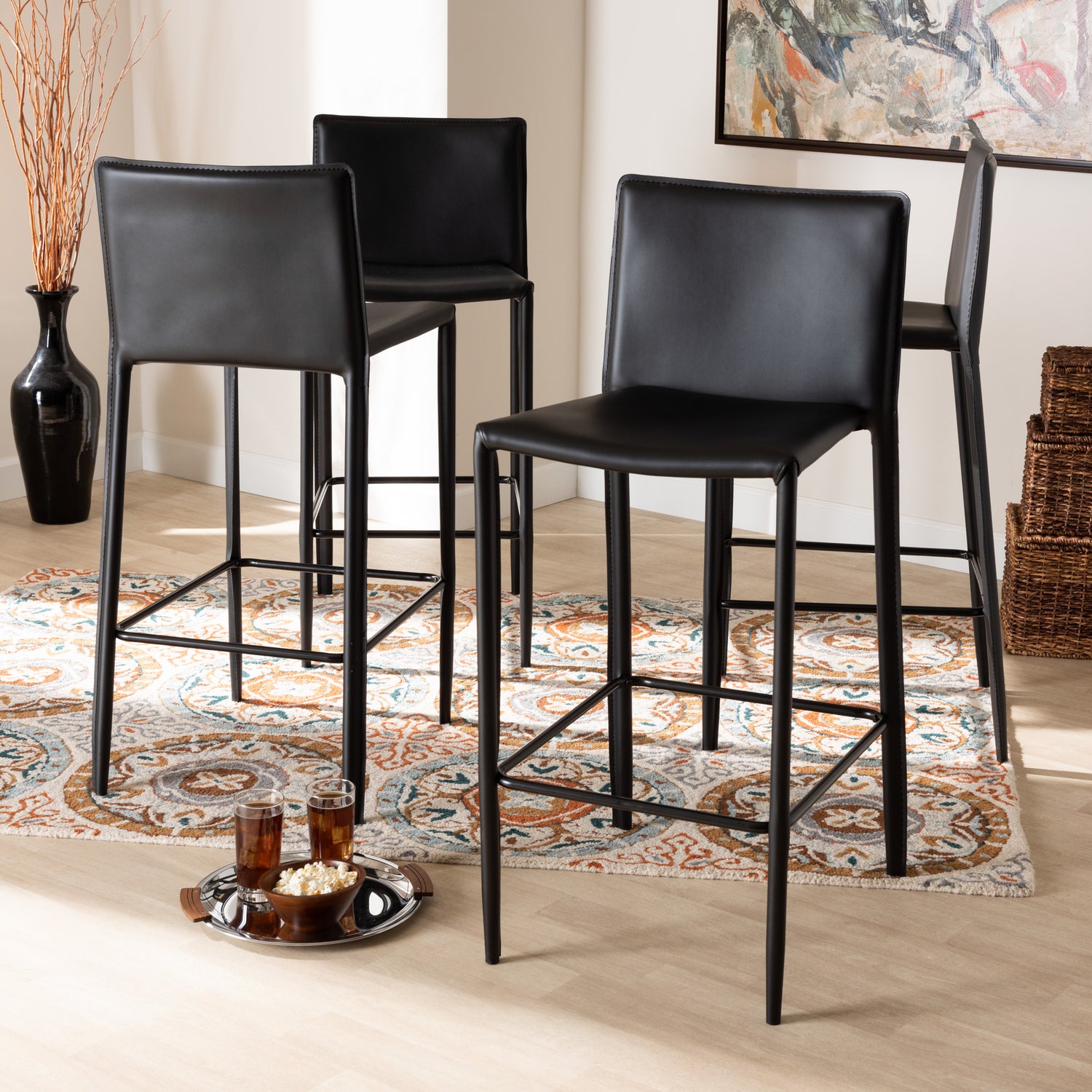 Malcom Bar Stool Set Modern Contemporary Black Faux Leather Upholstered 4-Piece