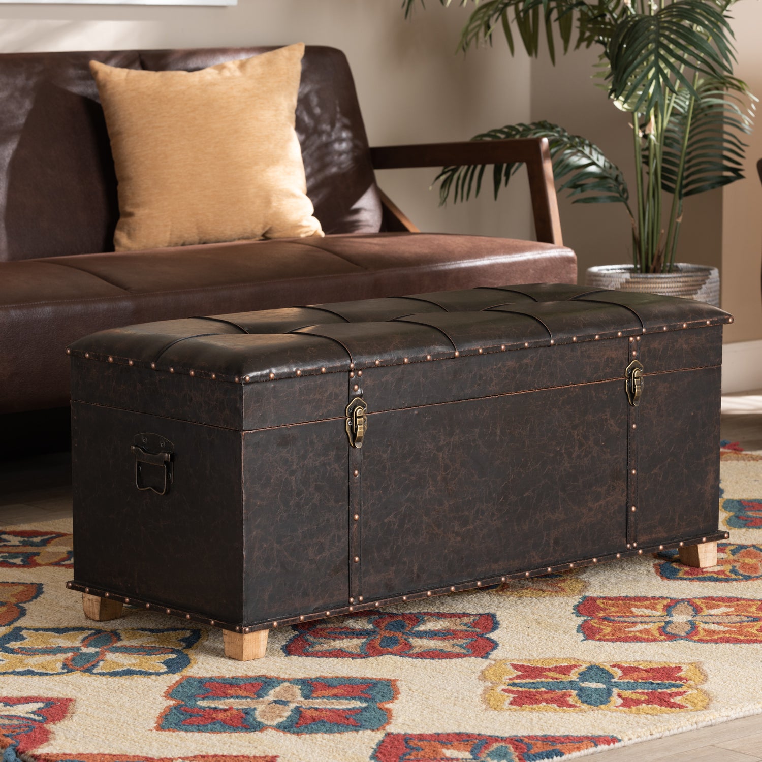 Janna Storage Ottoman Rustic Dark Brown Faux Leather Upholstered with Oak Finished Wood