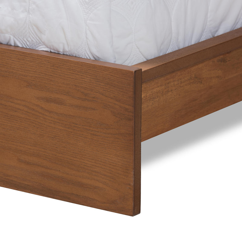 Sami Queen Size Platform Bed Modern Light Grey Fabric Upholstered with Walnut Brown Finished Wood