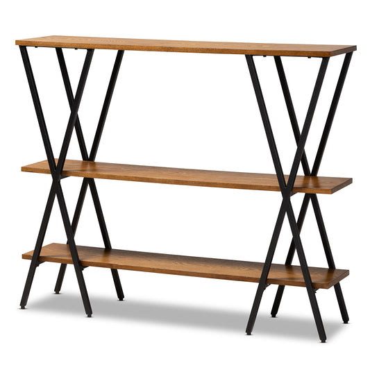 Norton Console Table Rustic Industrial Design with Walnut Brown Wood and Black Metal Accents