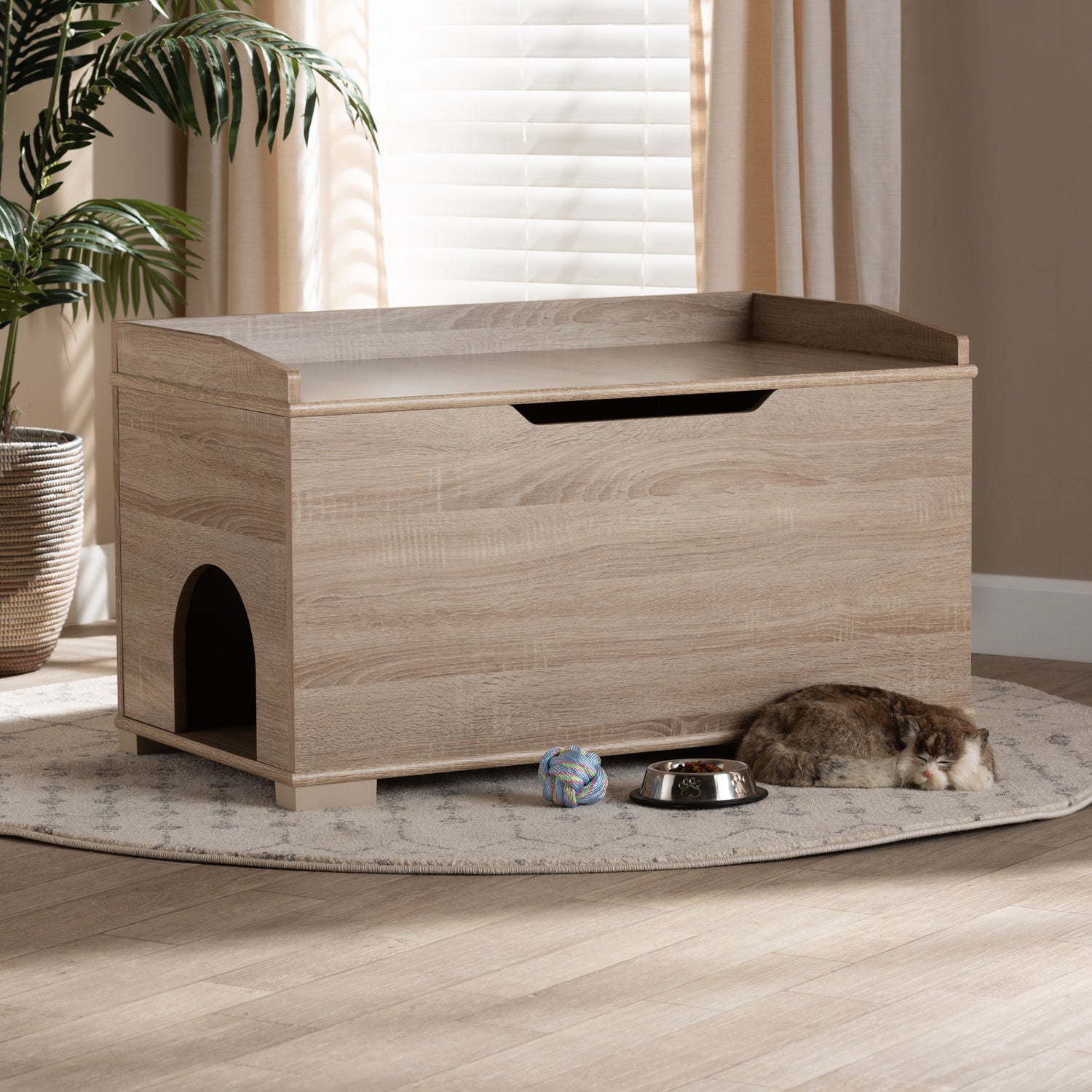 Mariam Cat Litter Box Cover Modern and Contemporary Oak Finished Wood House