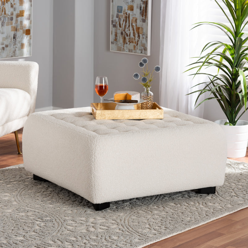 Athena Square Ottoman Modern Ivory Boucle Upholstered with Black Wood Base Stylish Accent Furniture for Living Room or Bedroom