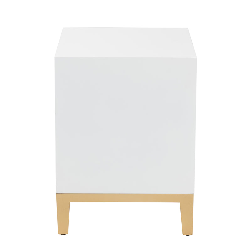 Donald End Table Modern Glam and Luxe White Finished Wood and Gold Metal 2-Drawer