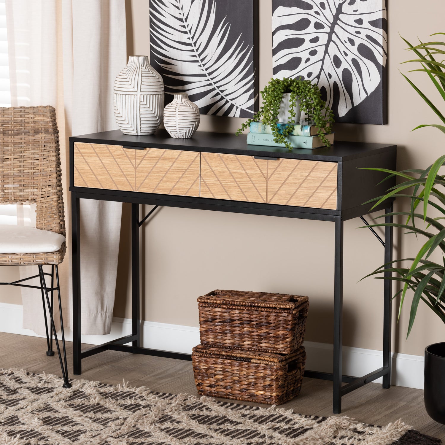 Jacinth Console Table Modern Industrial Design Two-Tone Black and Natural Brown Wood with Black Metal Featuring 2 Storage Drawers