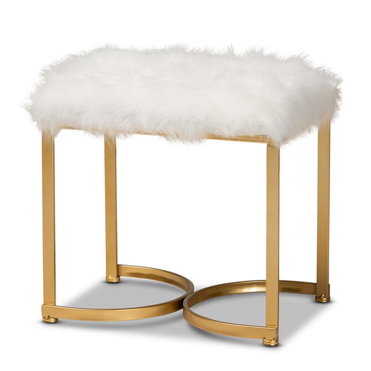 Gwyn Glam Luxe White Faux Fur Ottoman with Gold Metal Base Stylish Upholstered Accent Furniture for Living Room or Bedroom