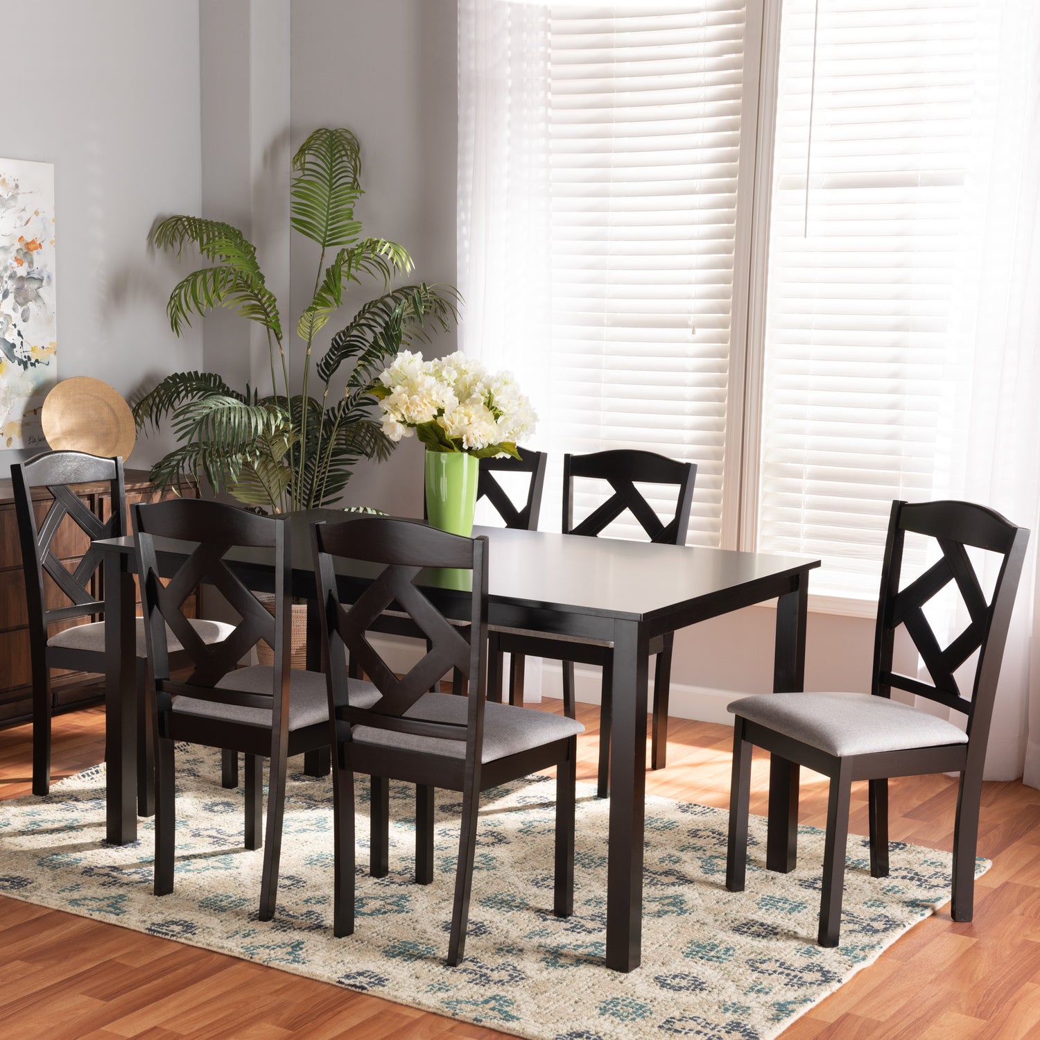 Ruth Dining Set Modern Transitional Grey Fabric Upholstered Dark Brown Finished Wood 7-Piece