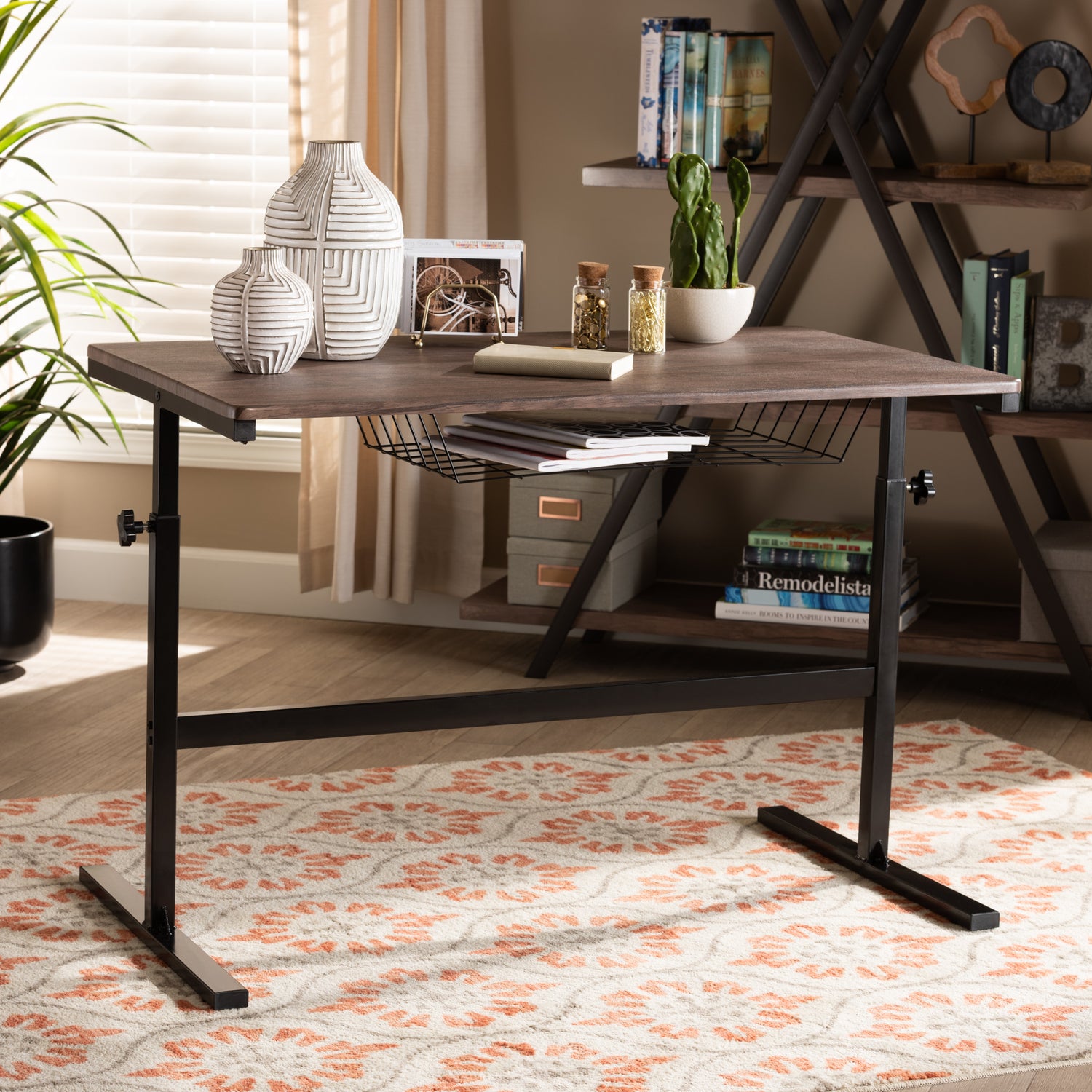 Anisa Height Adjustable Desk Modern Industrial Design with Walnut Finished Wood and Black Metal Frame