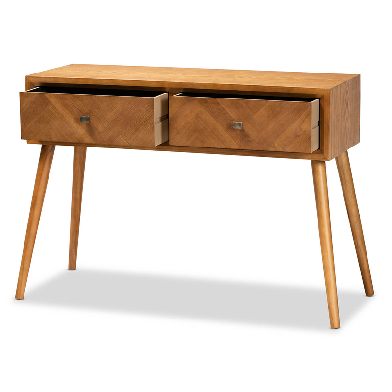 Mae Mid-Century Modern Console Table Natural Brown Wood with 2 Drawers for Stylish Storage and Display