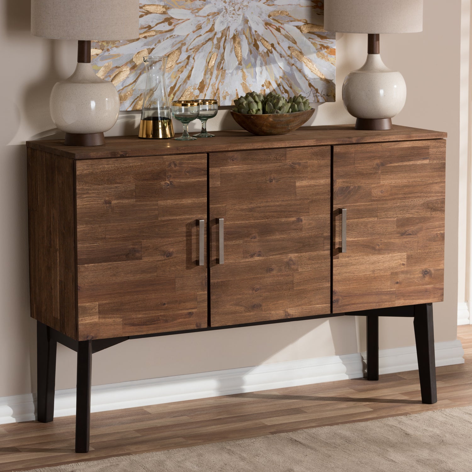 Selena Mid-Century Modern Sideboard Buffet Brown Wood 3-Door Storage Cabinet for Dining or Living Room