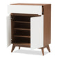 Calypso Mid-Century Modern Shoe Cabinet with White and Walnut Wood Storage