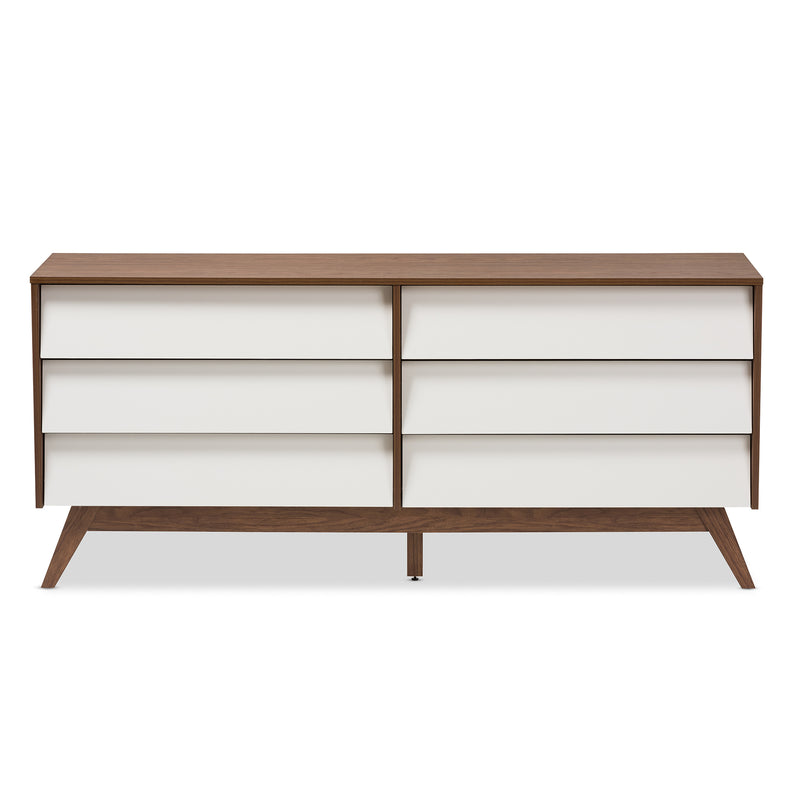 Hildon Mid-Century Modern 6-Drawer Storage Dresser in White and Walnut for Stylish Bedroom Organization