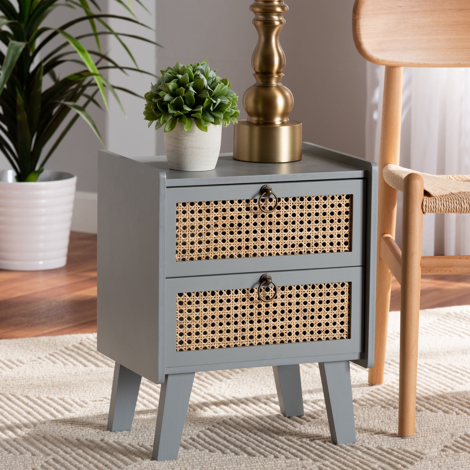 Waller Mid-Century Modern End Table with Natural Rattan and Grey Wood, Featuring 2 Drawers for Stylish Storage